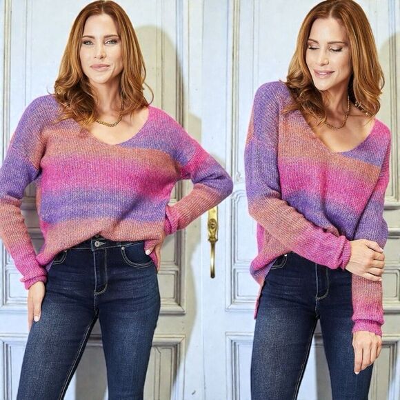 Purple Pink Ombre Rib-Knit V-Neck Knit Pullover Sweater NWT - Double Take - Picture 4 of 10